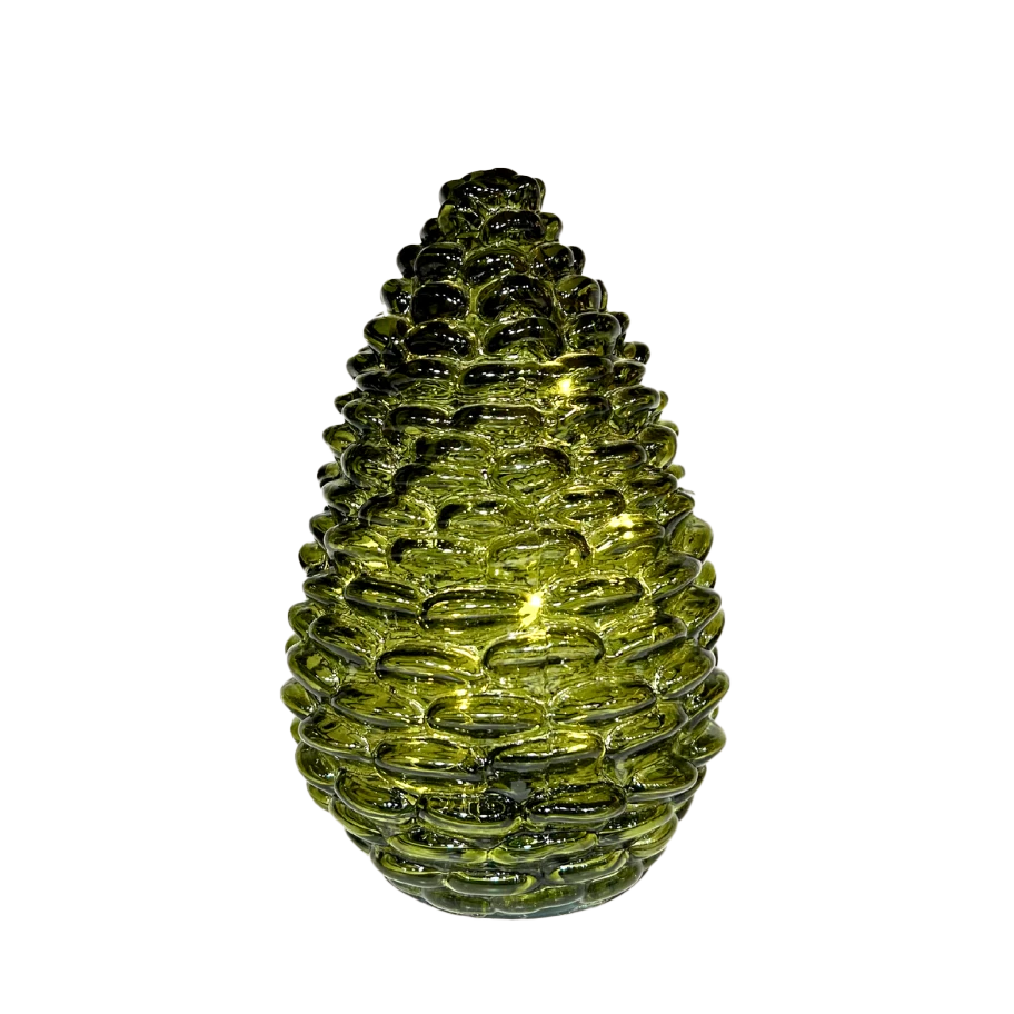 Glass Green Pinecone w Lights 15cm
