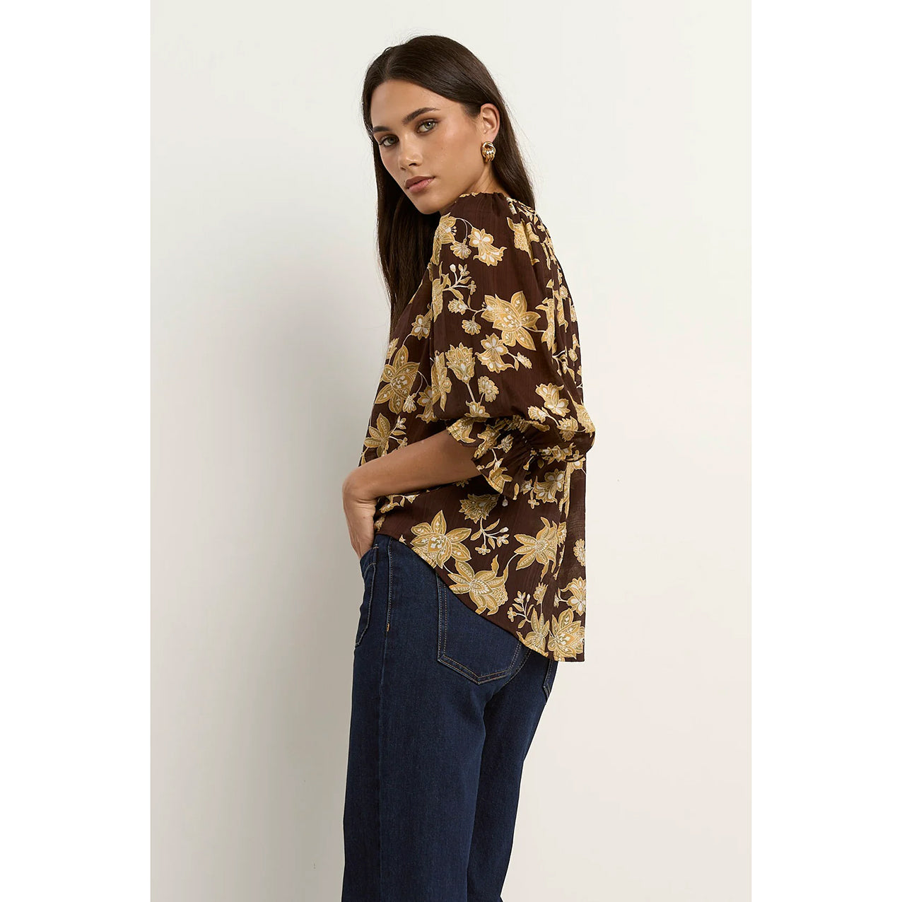 Candid Chocolate Khaki Floral Top