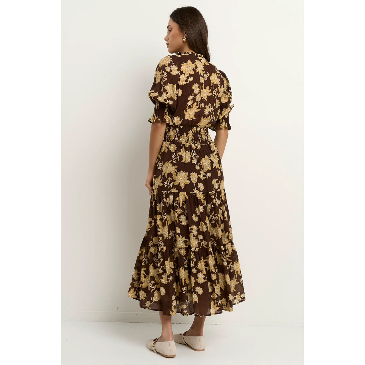 Charlie Chocolate Khaki Floral Tiered Midi Dress