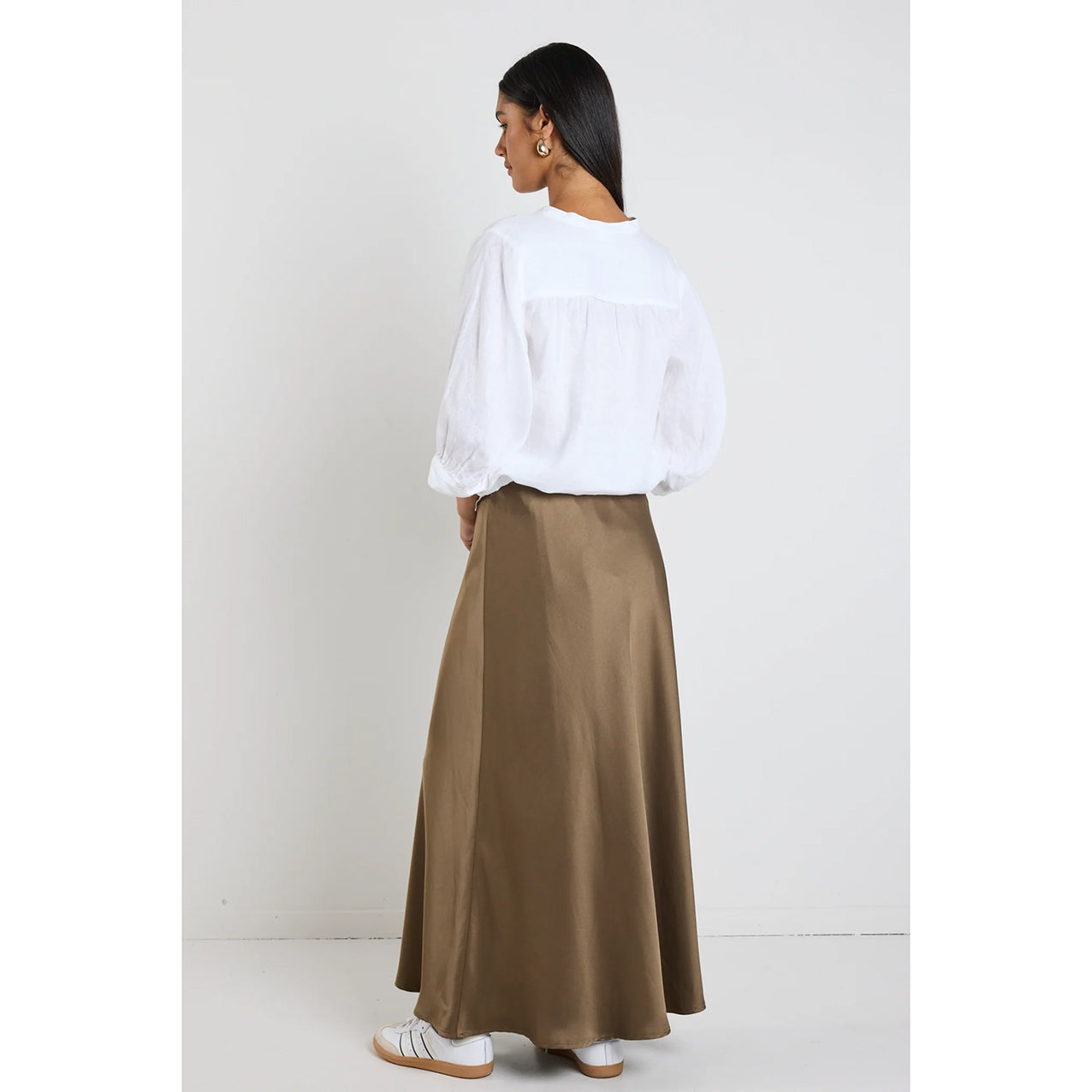 Preserved Bronze Floaty Satin Bias Midi Skirt