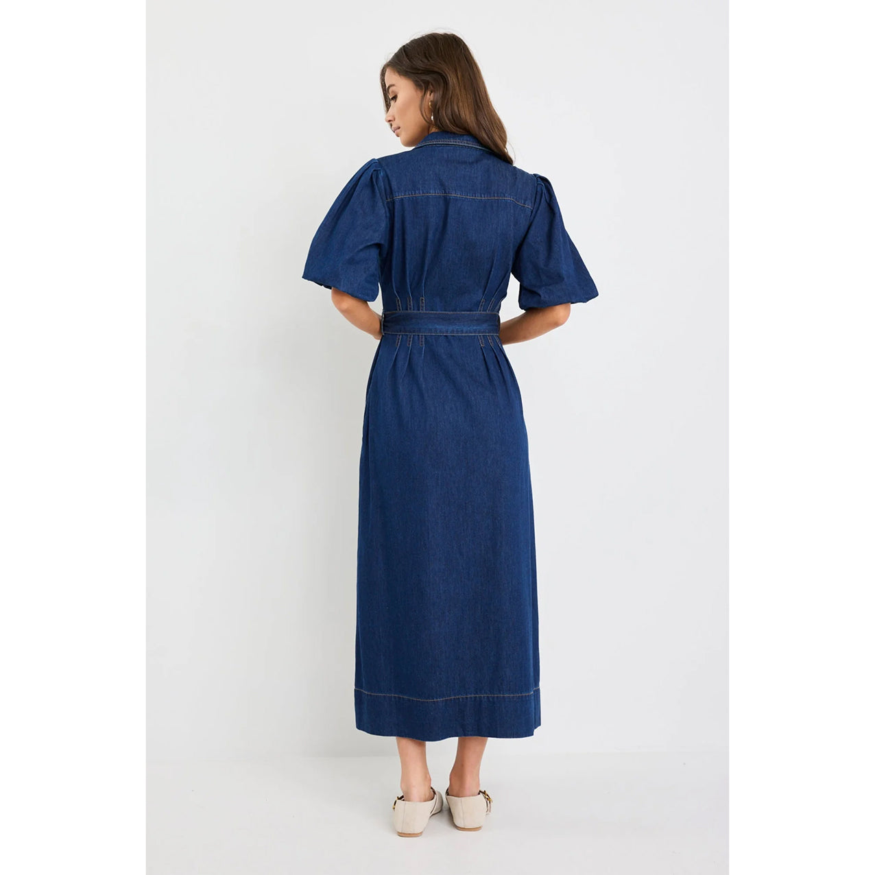 Dusk Indigo Denim Puff Sleeve Maxi Shirt Dress