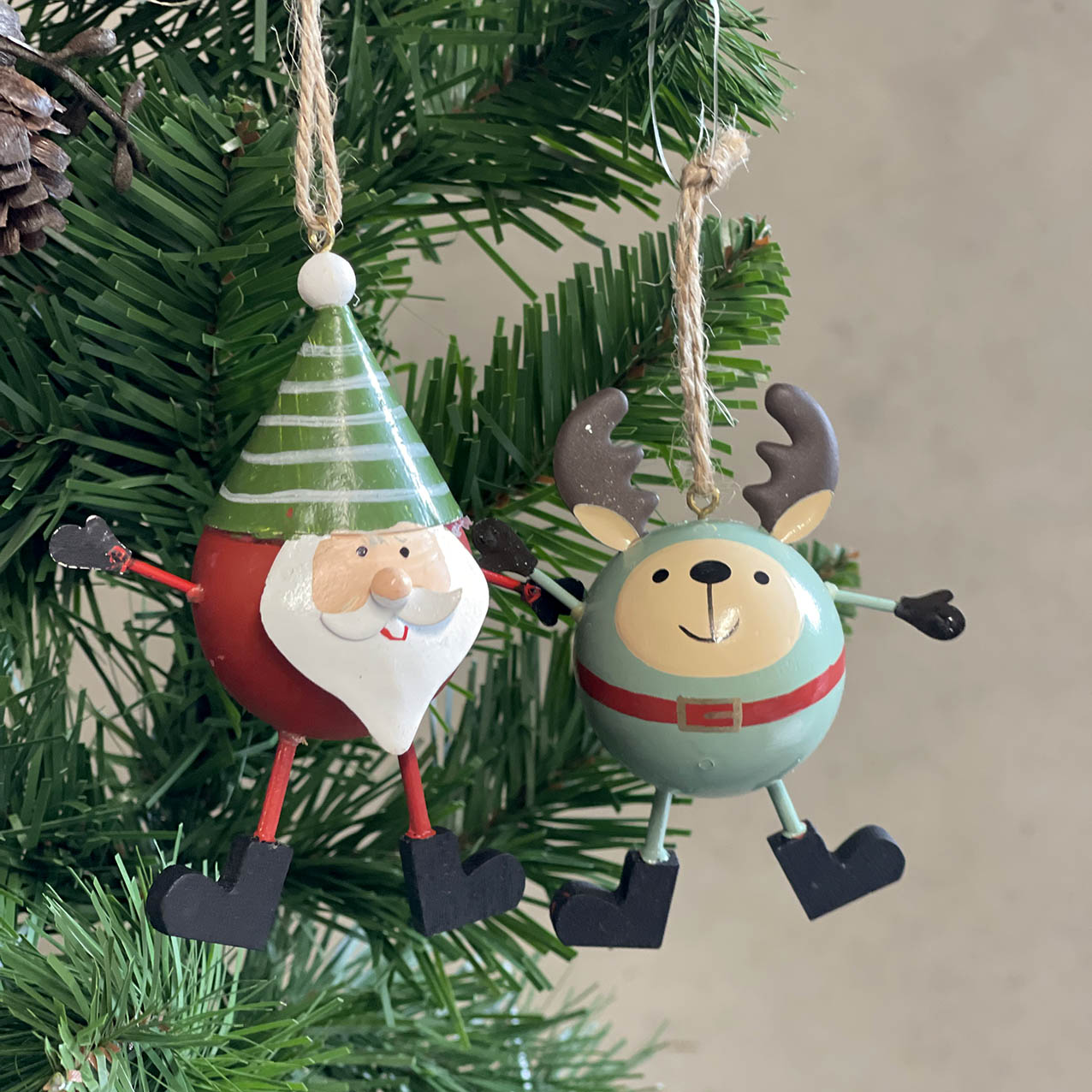 Whimsical Santa/Reindeer Round Red/Green Hanging Deco