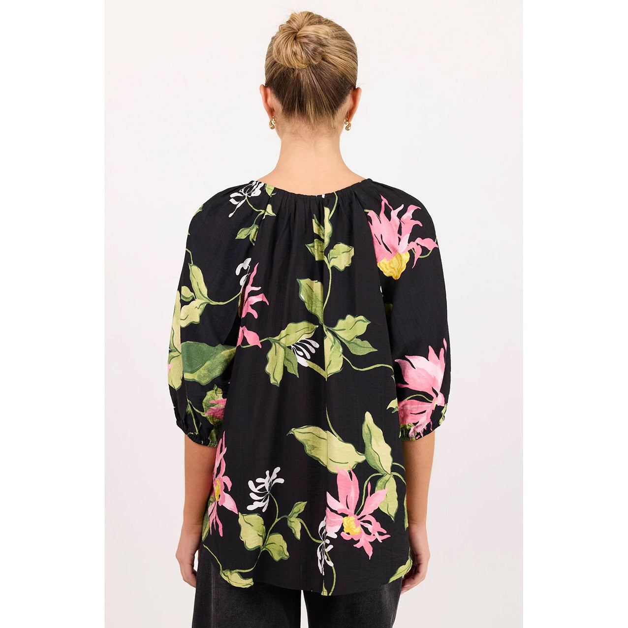 Refine Black Blush Floral Pintuck Front Top