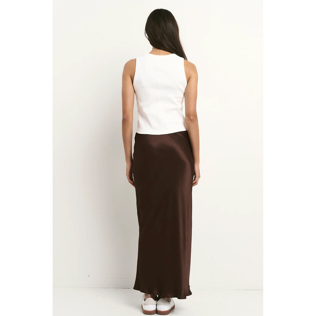 Rosette Chocolate Satin Midi Skirt