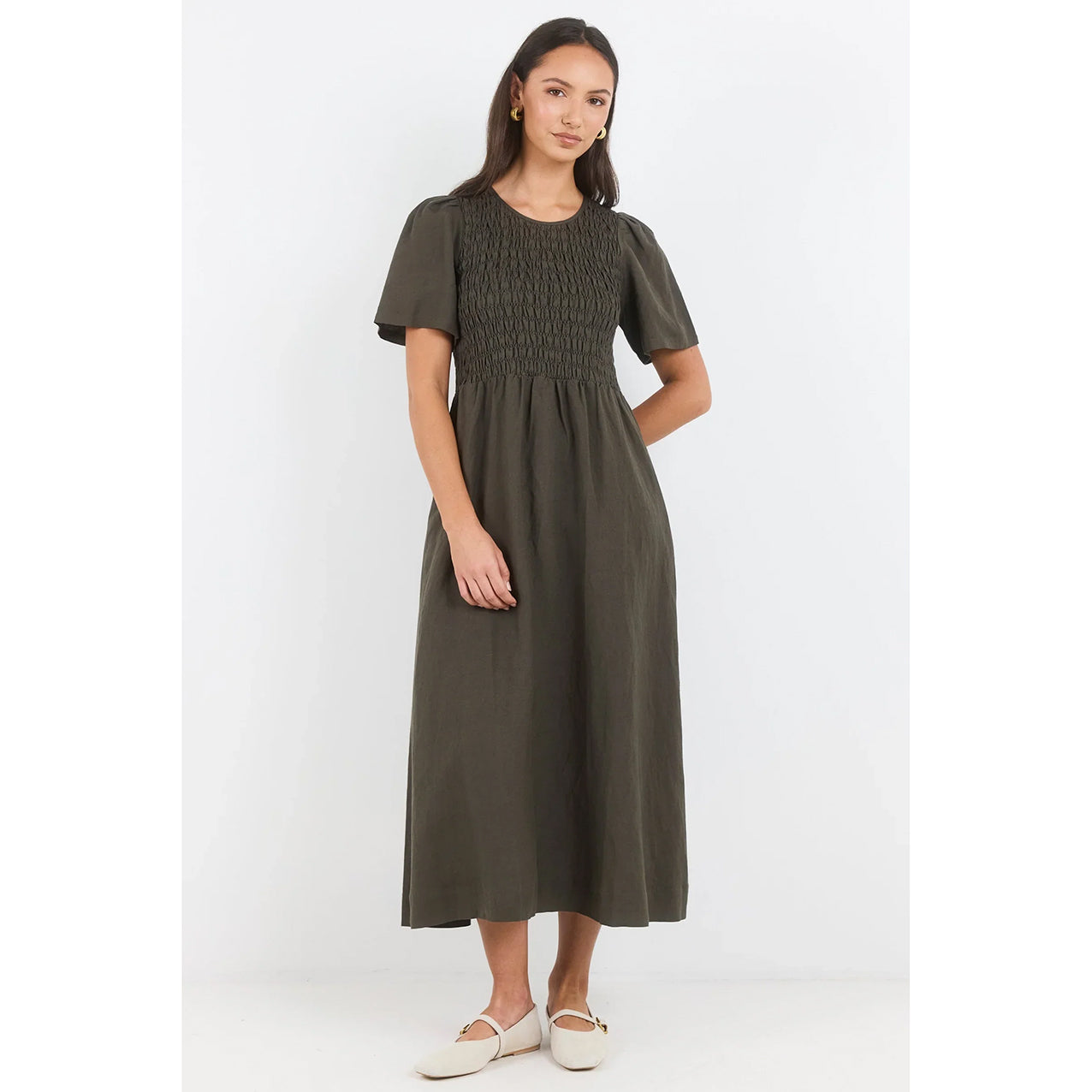 Wren Olive Linen Shirred Bodice Midi Dress