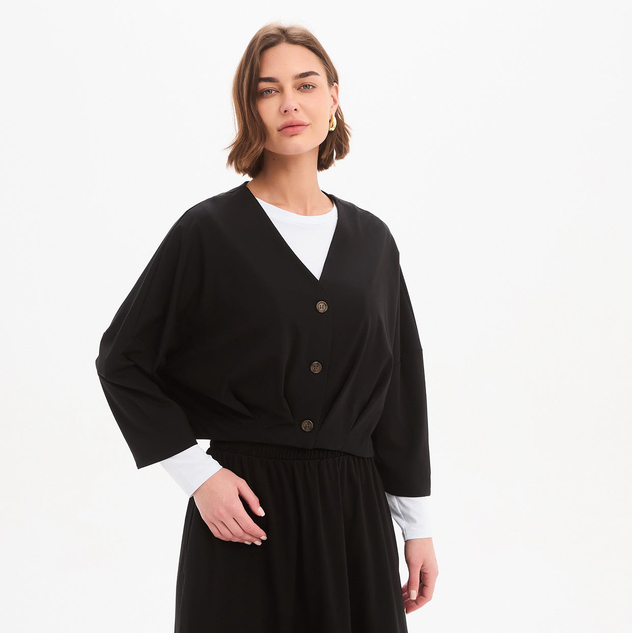 Pleat Hem Crop Cardigan Black