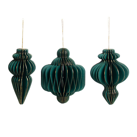 Papier Gilded Finial Asst Set 3 Green