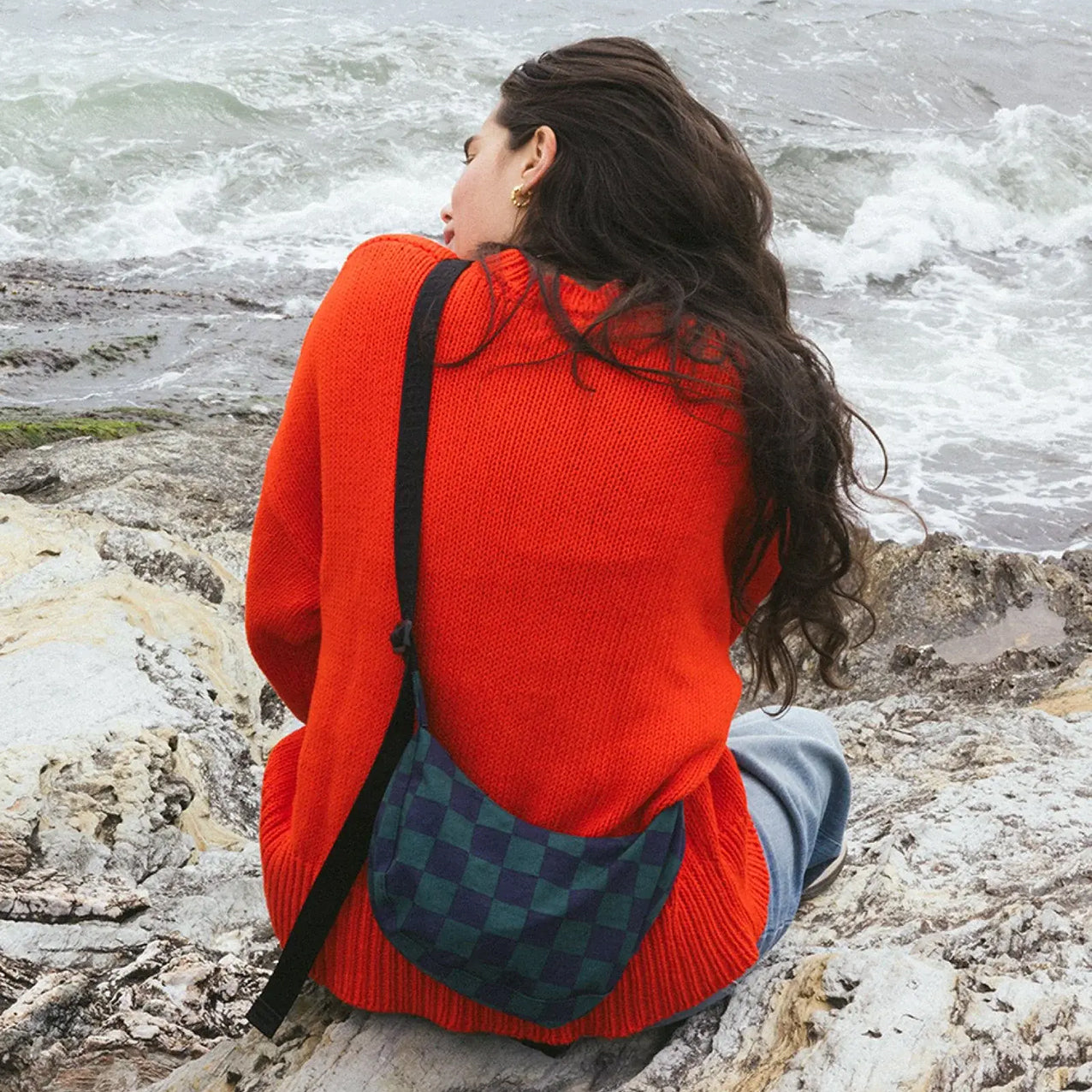 Baggu Small Nylon Crescent Bag Navy Green Check