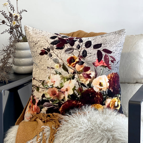 This bold, on trend, flora and fauna inspired printed cushion will add vibrant colour and bold drama to a space, and is the perfect over-sized accessory to brighten up any room, looking gorgeous placed on the bed or sitting in your living room.  100% Cotton Velvet cover. 100% White Duck Feather (1400g). Gold metal zip closure. Single sided print. 60cm x 60cm Dry Clean only