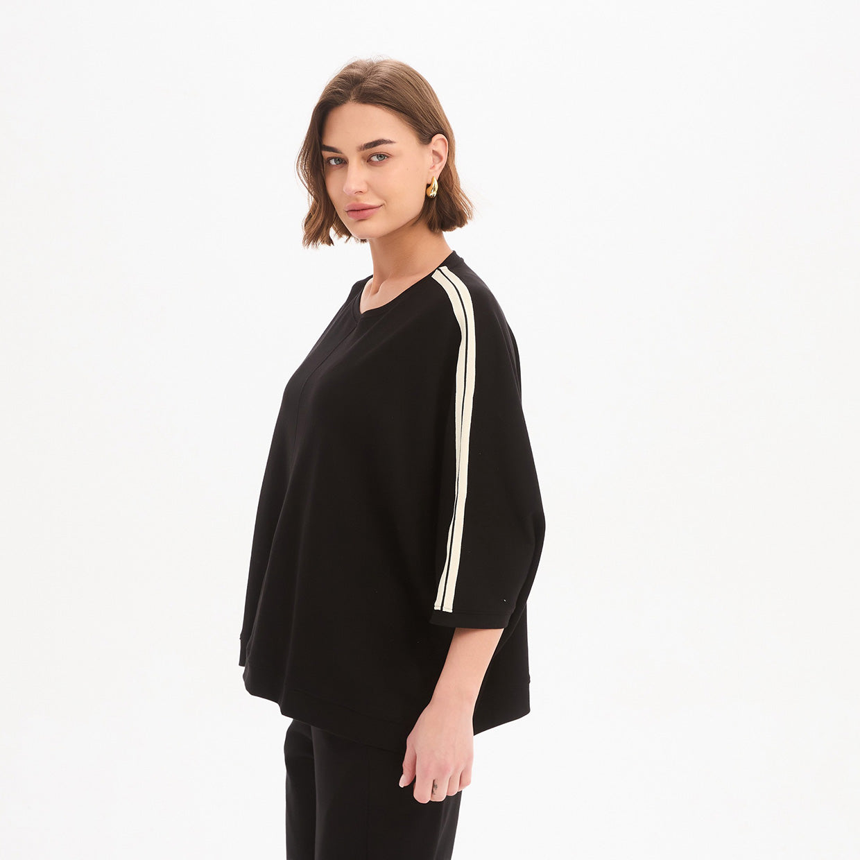 Oversized 3/4 Stripe Sleeve Tee Black