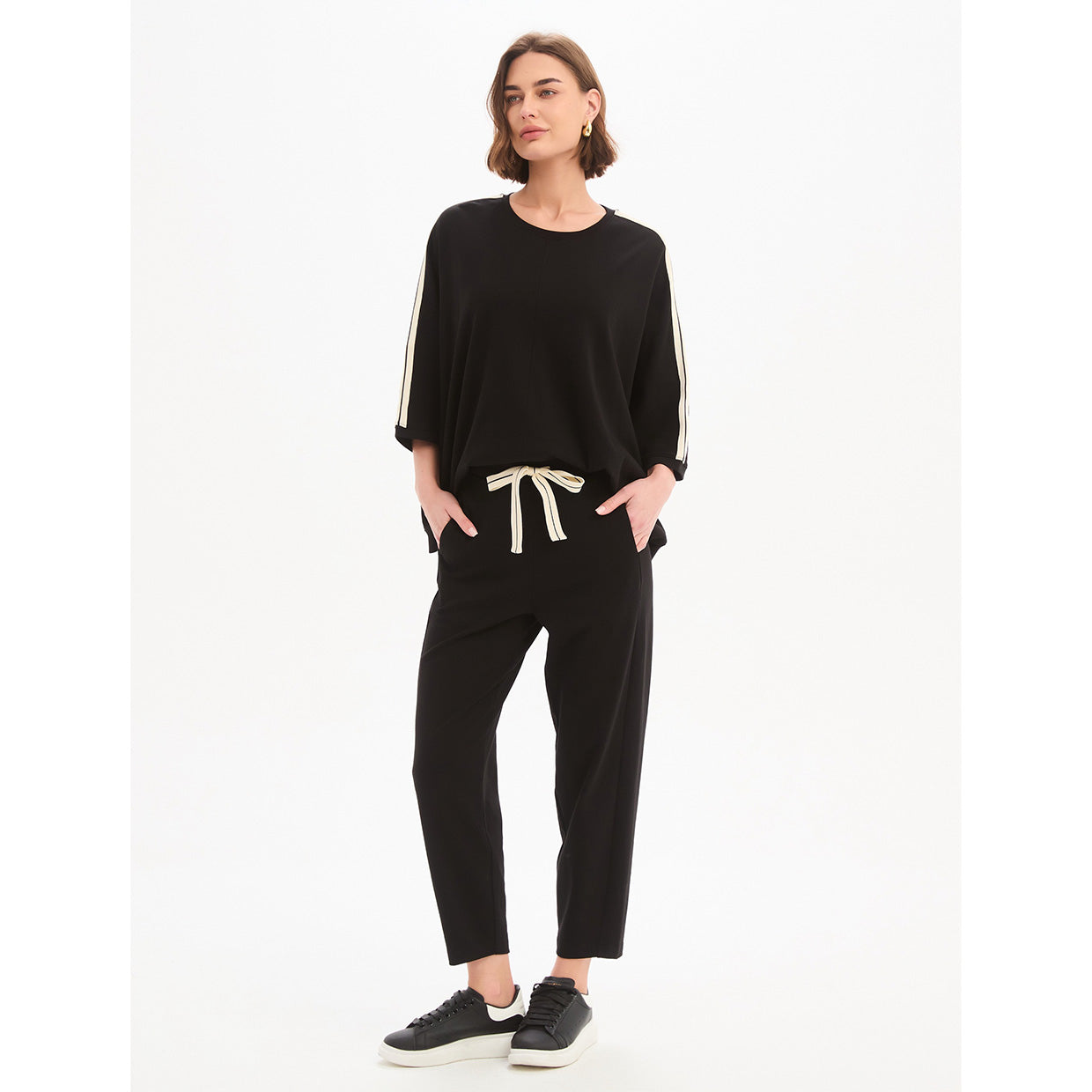 Oversized 3/4 Stripe Sleeve Tee Black