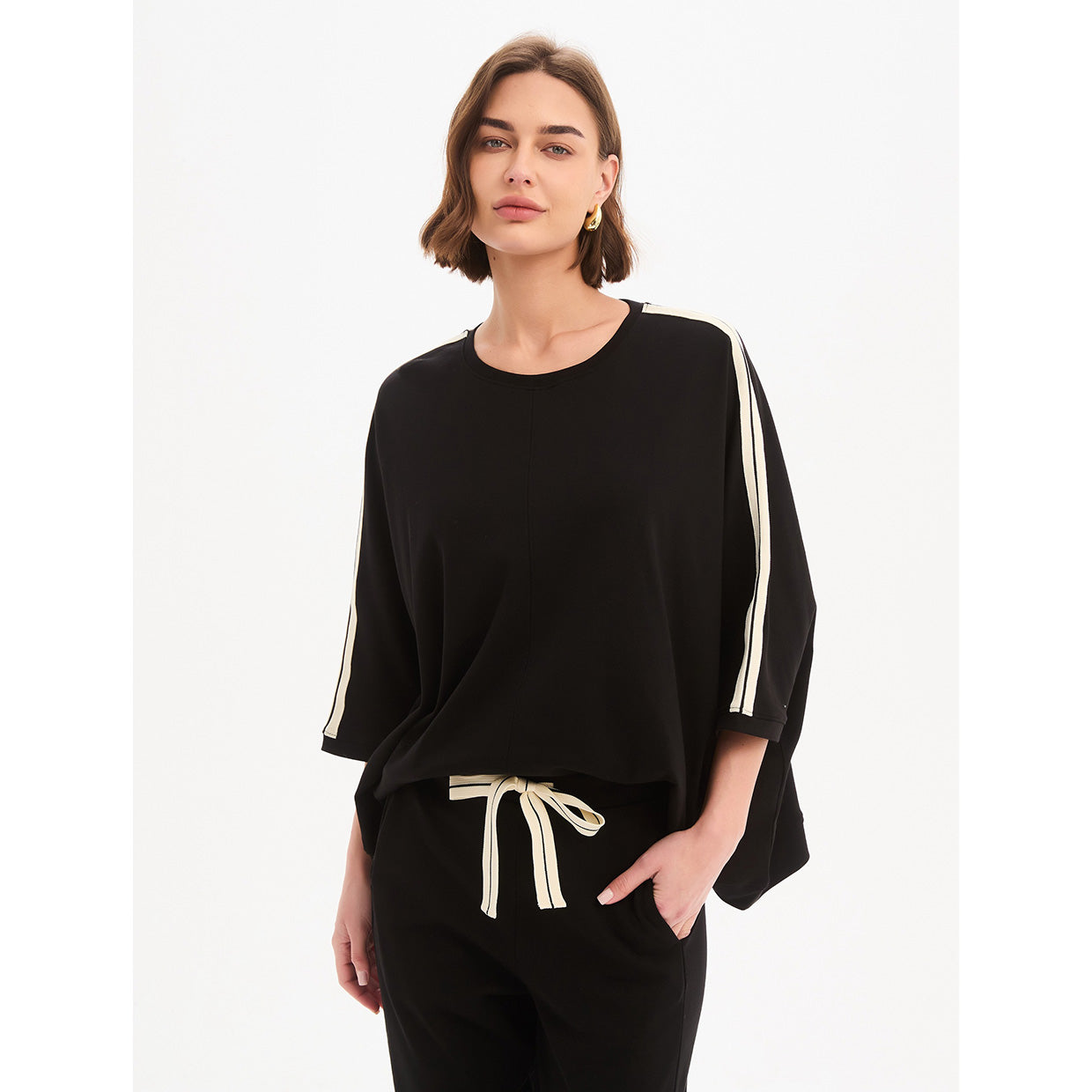 Oversized 3/4 Stripe Sleeve Tee Black