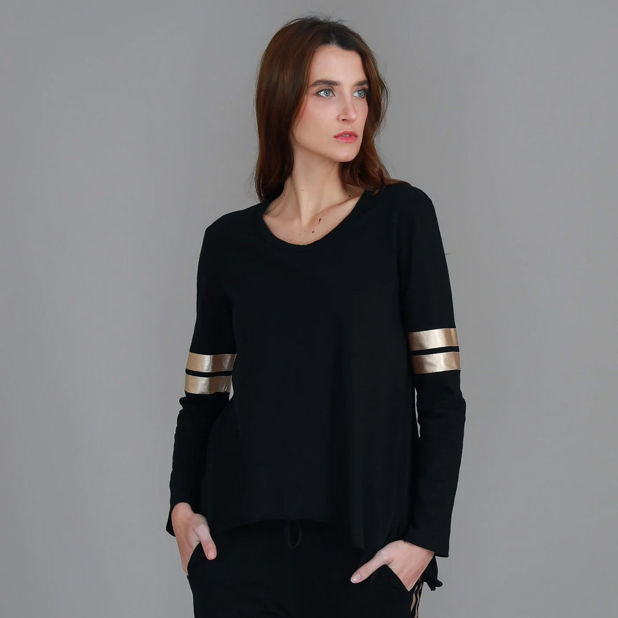 Kiara Twin Gold Stripe Tee Black