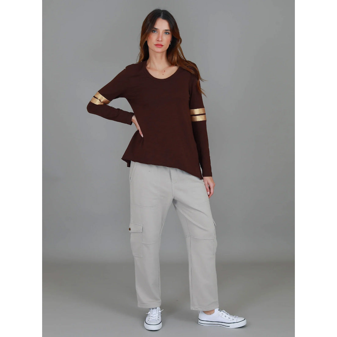 Kiara Twin Gold Stripe Tee Cocoa
