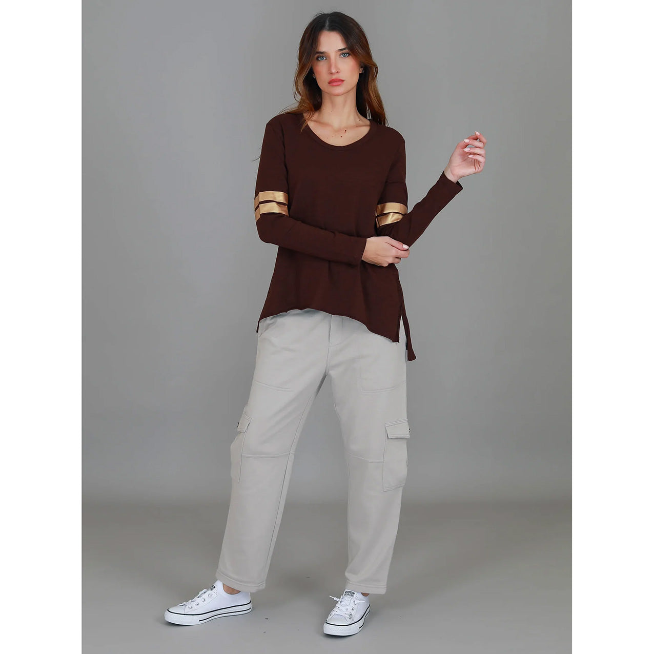 Kiara Twin Gold Stripe Tee Cocoa