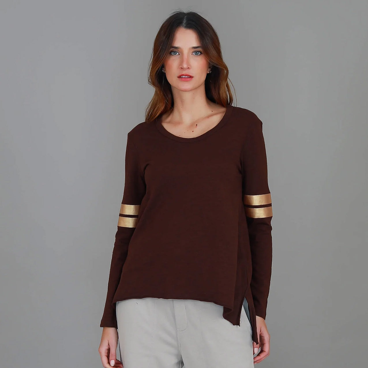 Kiara Twin Gold Stripe Tee Cocoa