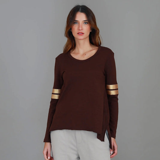 Kiara Twin Gold Stripe Tee Cocoa