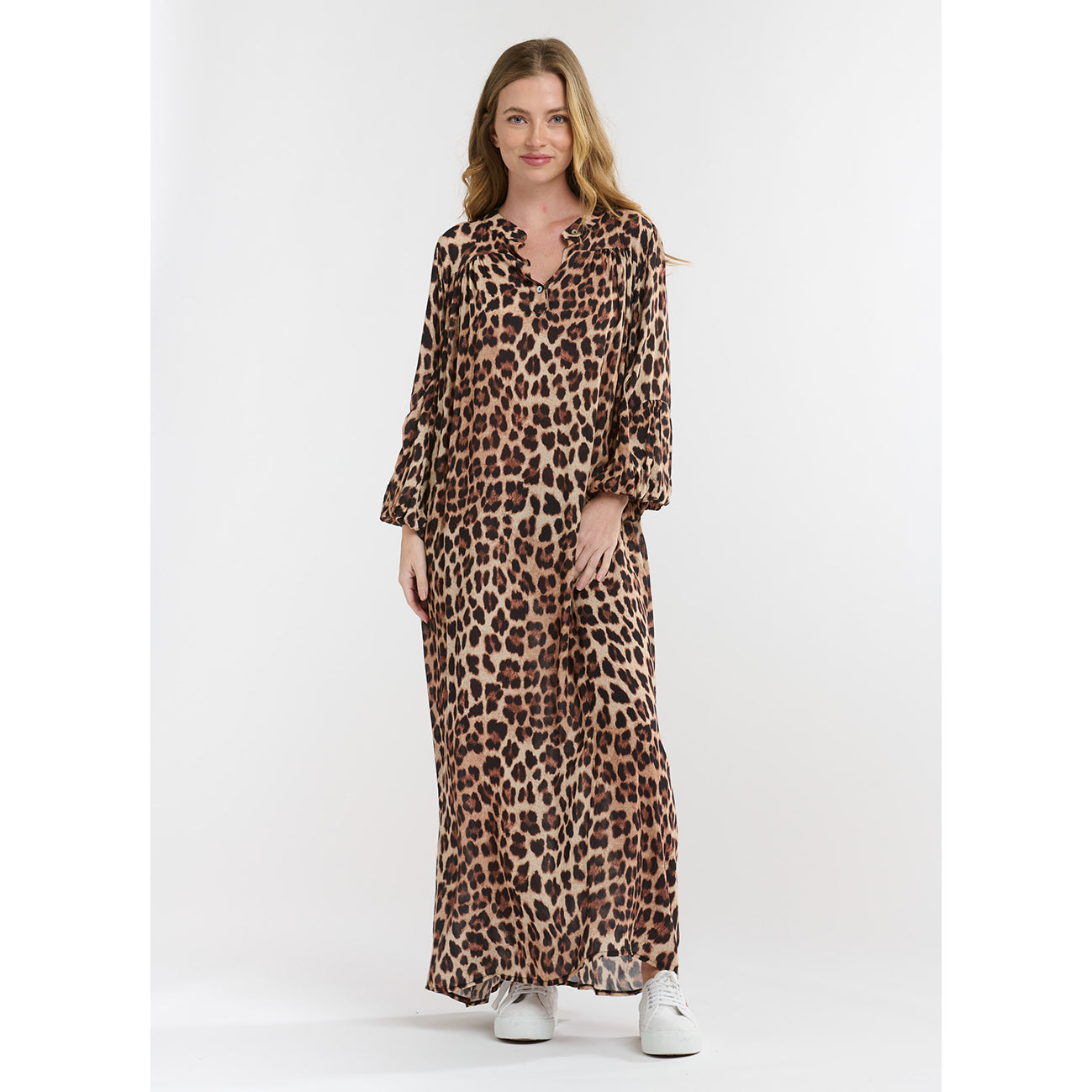 Italian Star Stand Collar Billow Dress Leopard