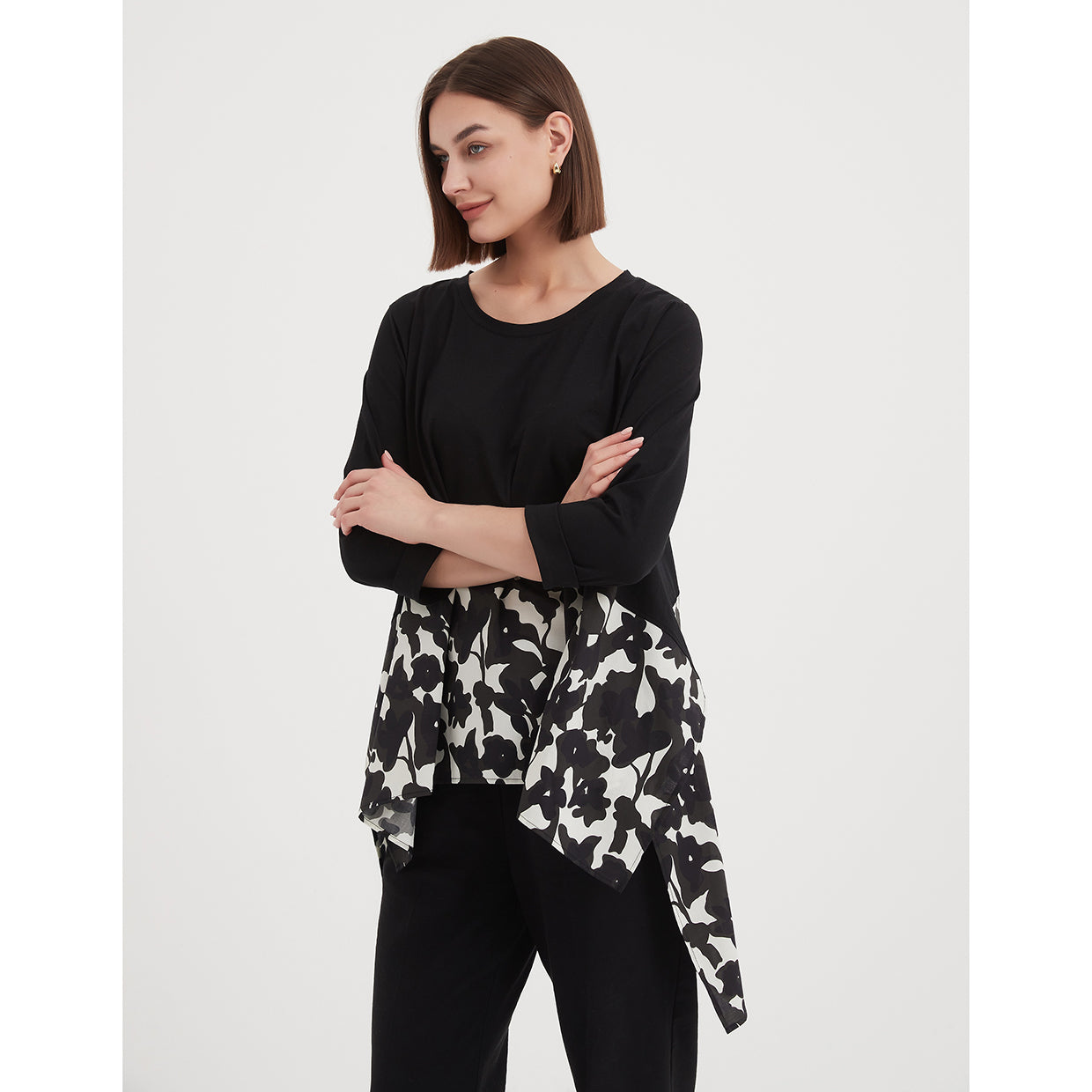 3/4 Sleeve Ava Combi Top Black Floral