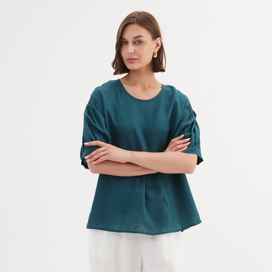 Tirelli Bishop Sleeve Shirring Top Deep Marine