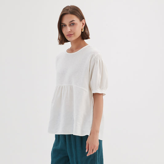 Tirelli Bishop Sleeve Shirring Top White