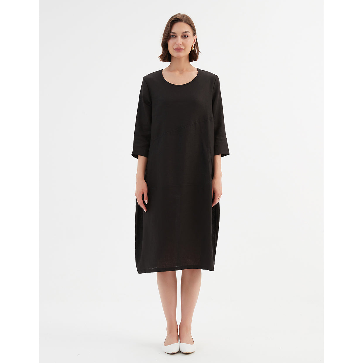 Diagonal Seam Linen Dress Black