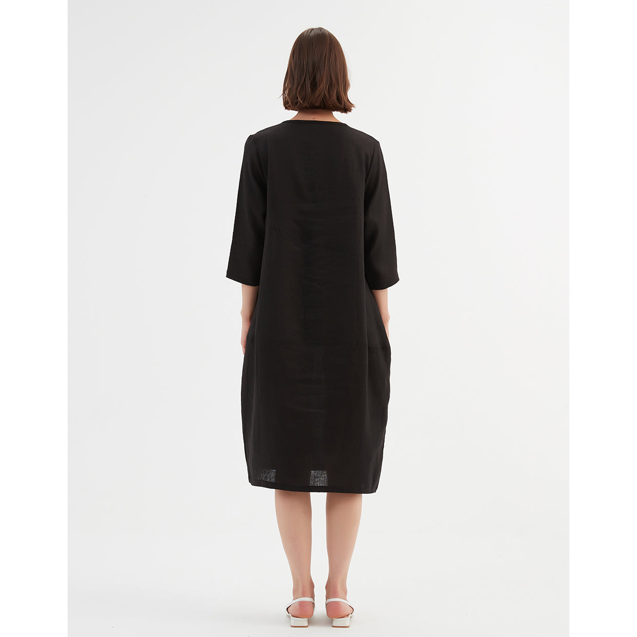 Diagonal Seam Linen Dress Black