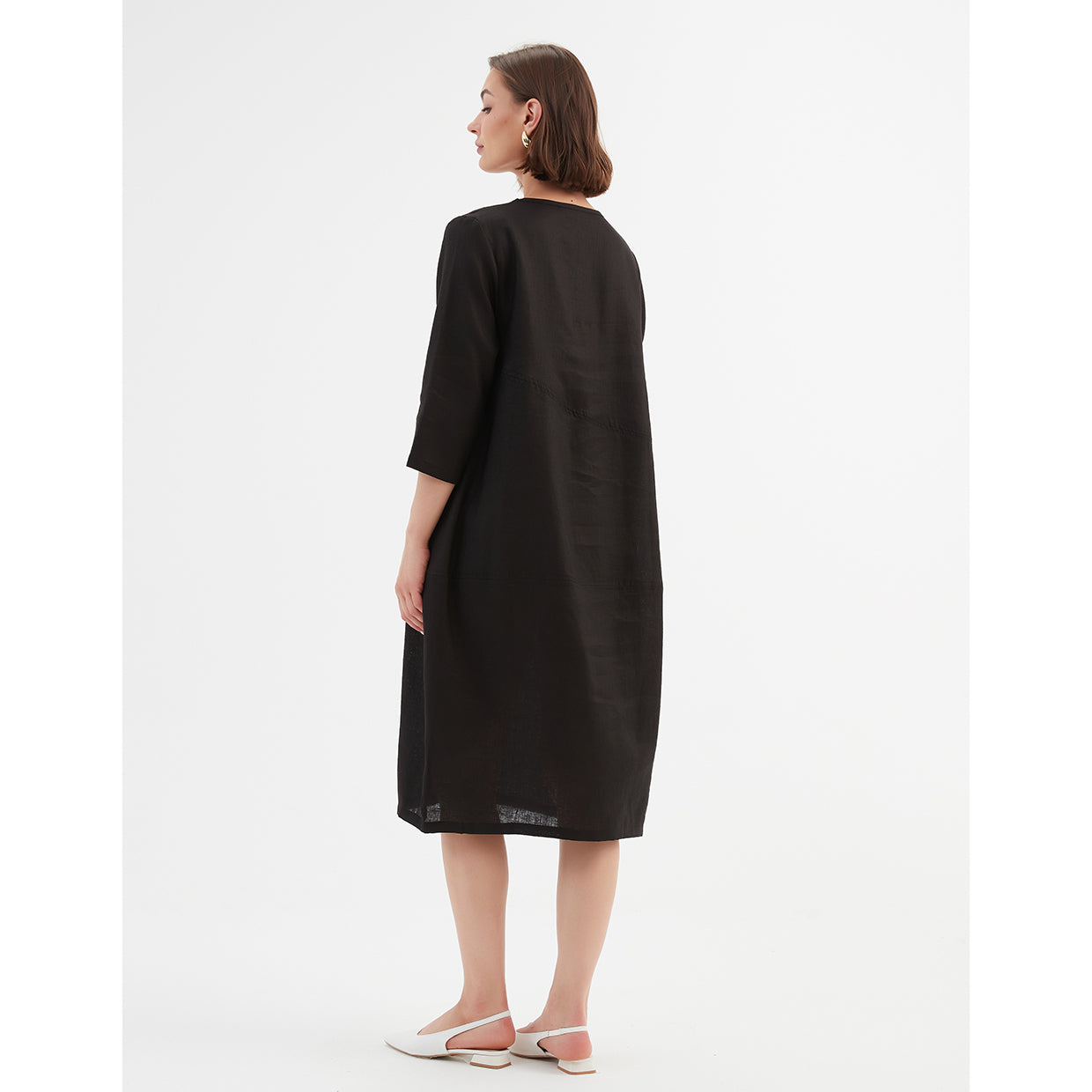 Diagonal Seam Linen Dress Black