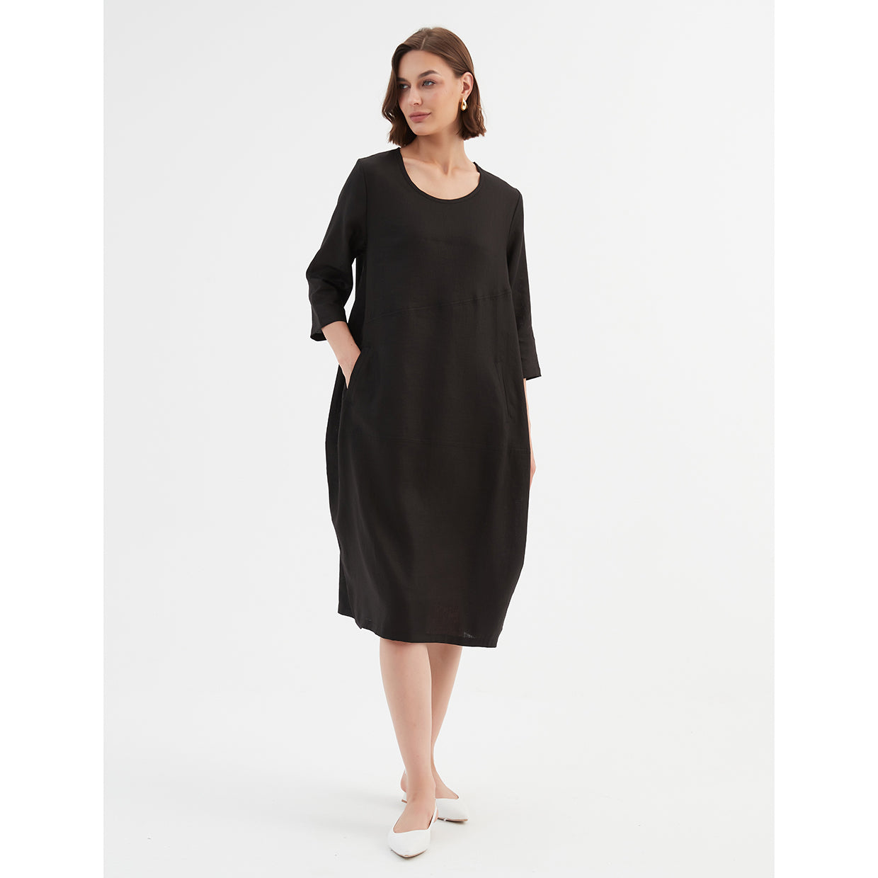 Diagonal Seam Linen Dress Black