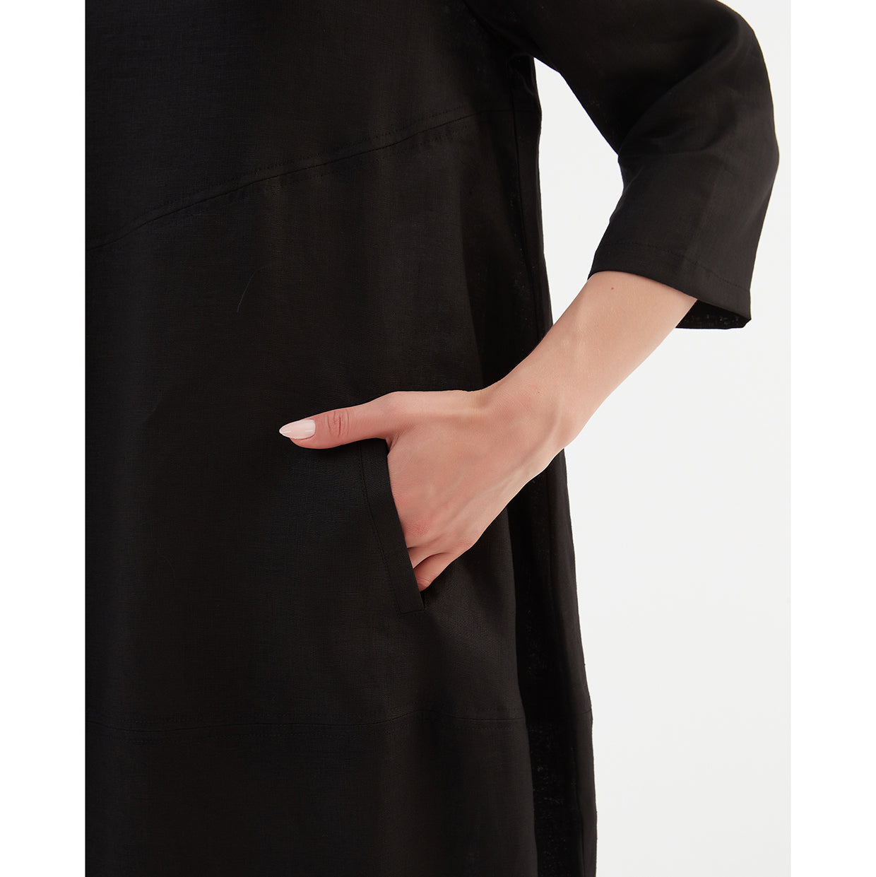 Diagonal Seam Linen Dress Black