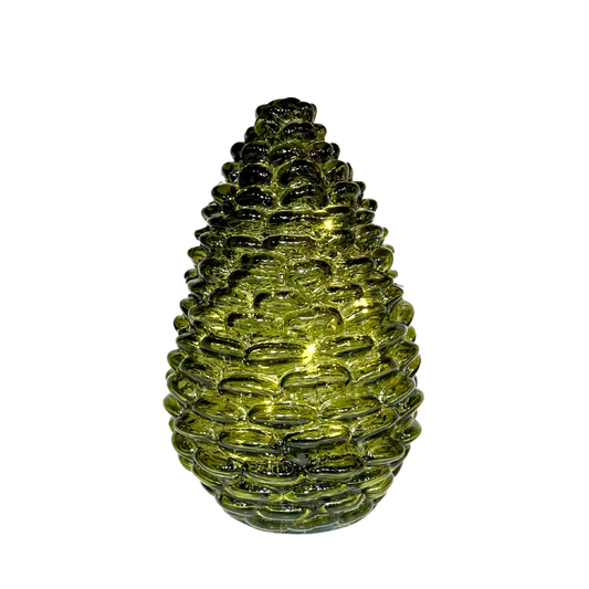 Glass Green Pinecone w Lights 15cm