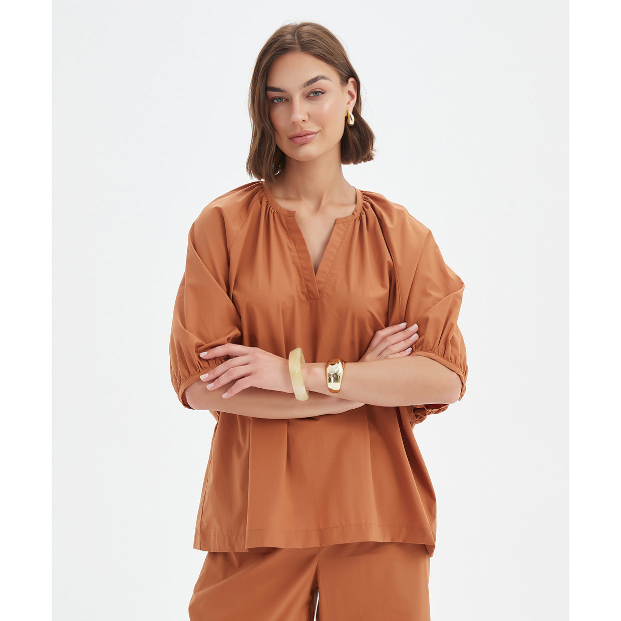 Tirelli Gathered Notch Neck Top russet