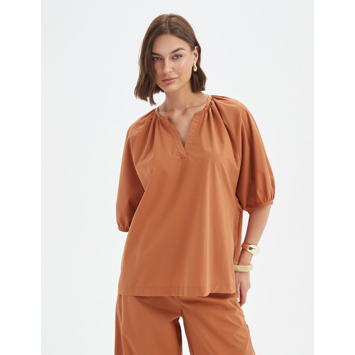 Gathered Notch Neck Top Russet