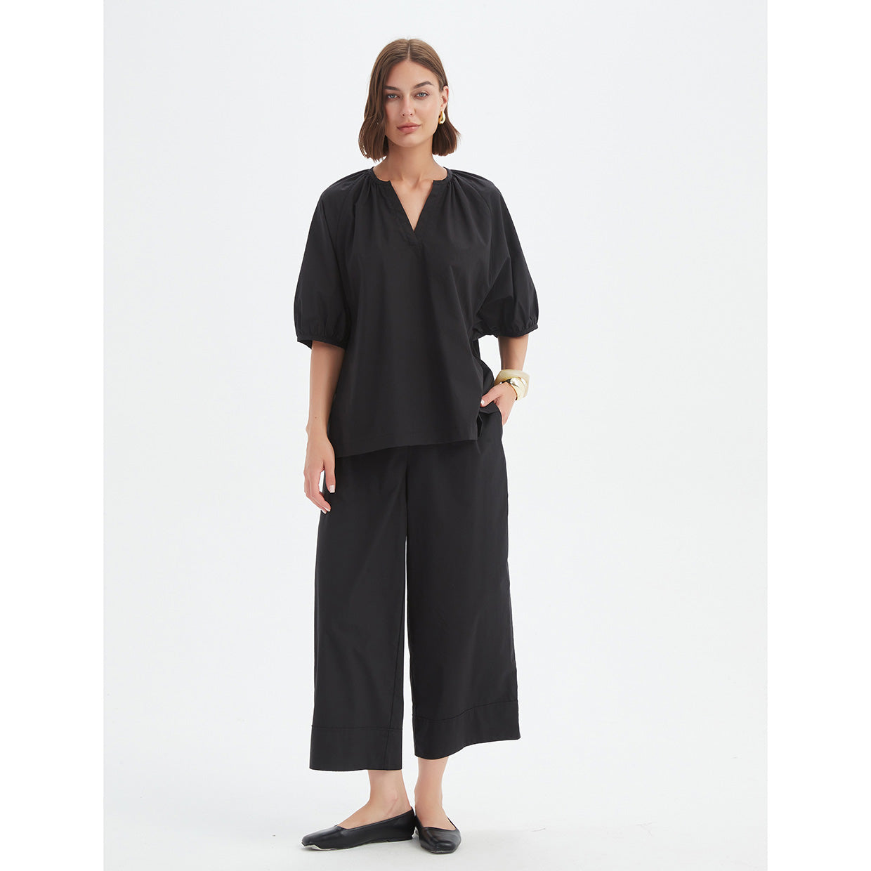 Gathered Notch Neck Top Black