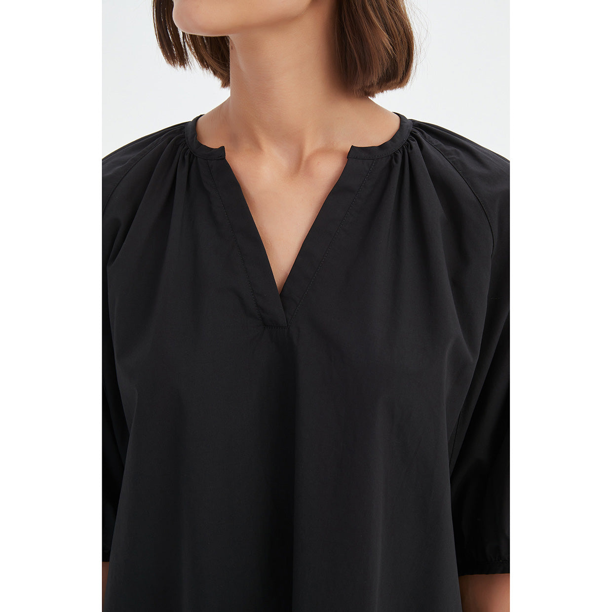 Gathered Notch Neck Top Black