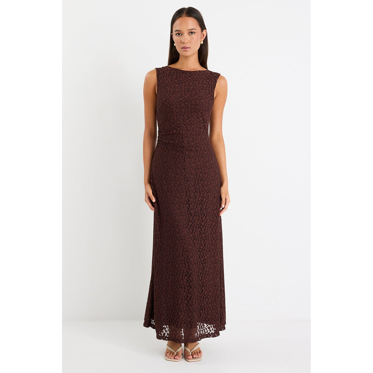 Backlit Chocolate Lace Sleeveless Maxi Dress