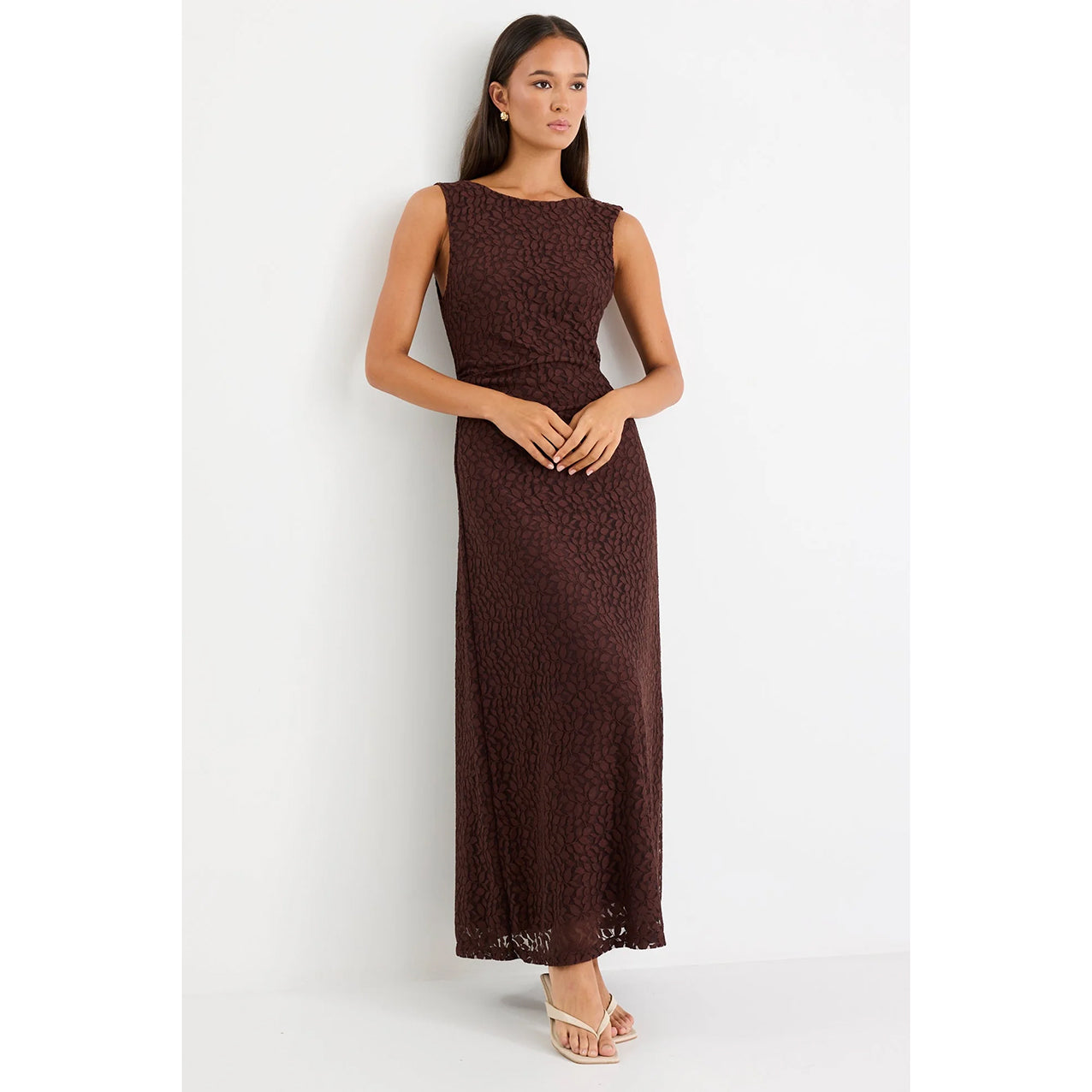 Backlit Chocolate Lace Sleeveless Maxi Dress