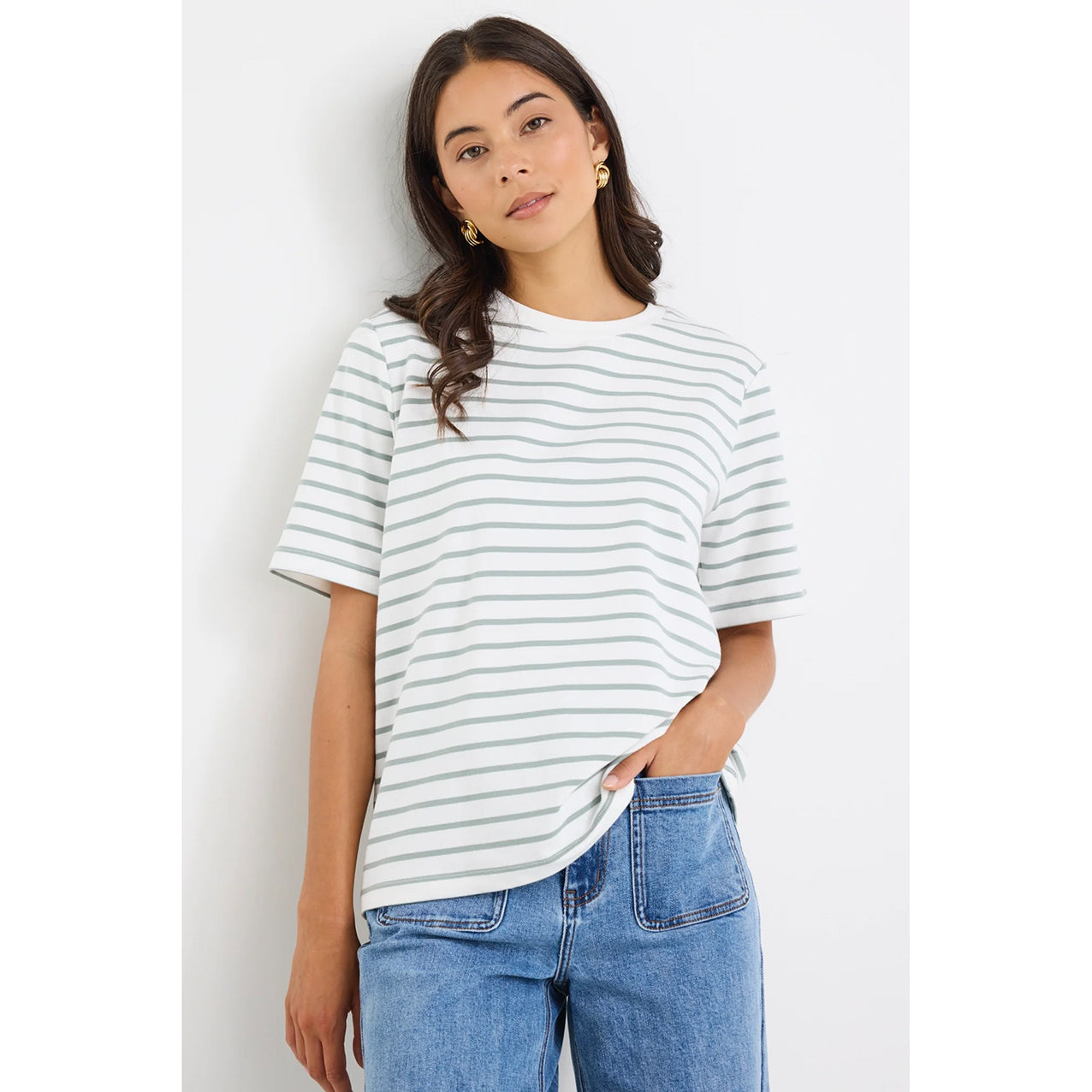 Binding Khaki White Stripe Boxy Fit Tee