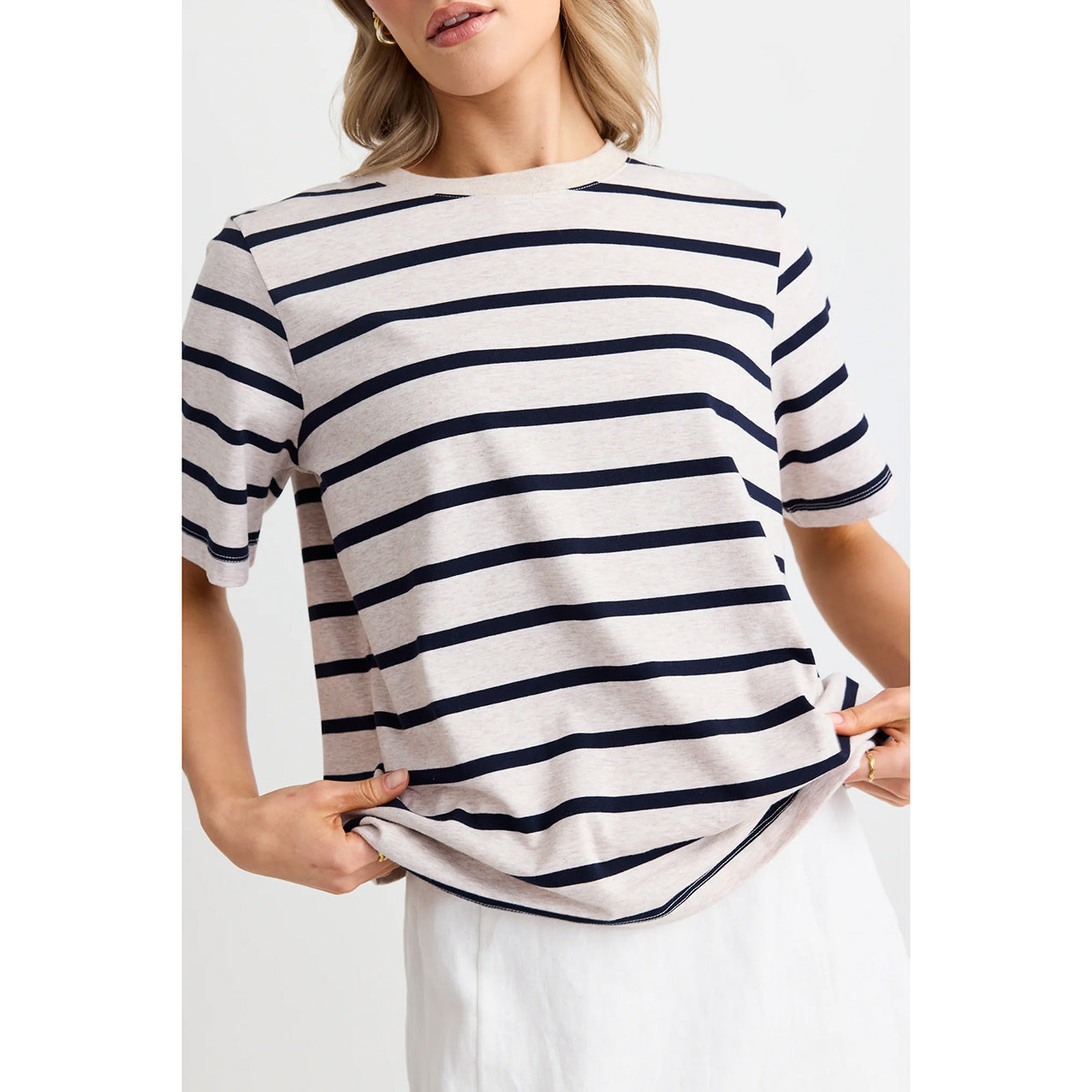 Binding Ecru Navy Stripe Box Tee