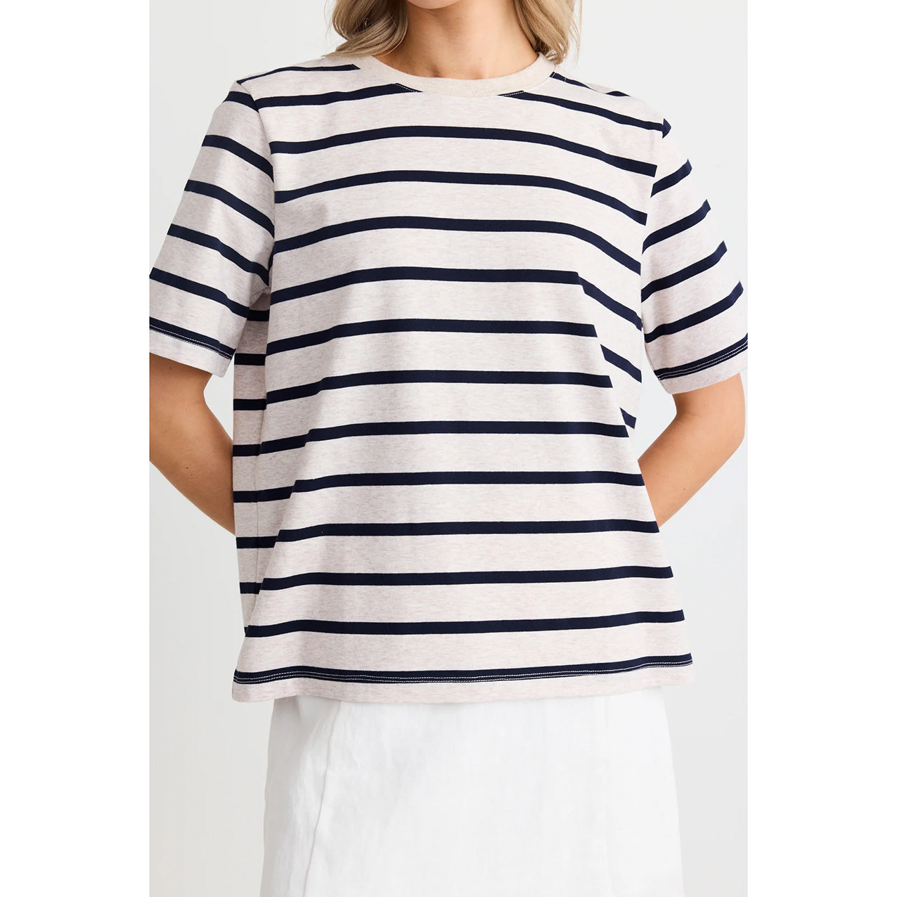 Binding Ecru Navy Stripe Box Tee