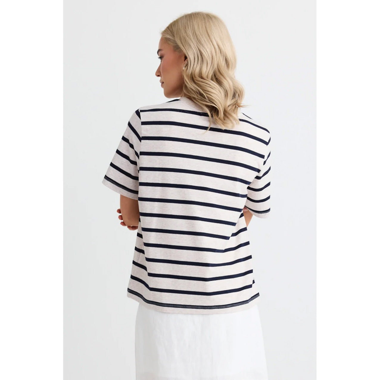 Binding Ecru Navy Stripe Box Tee