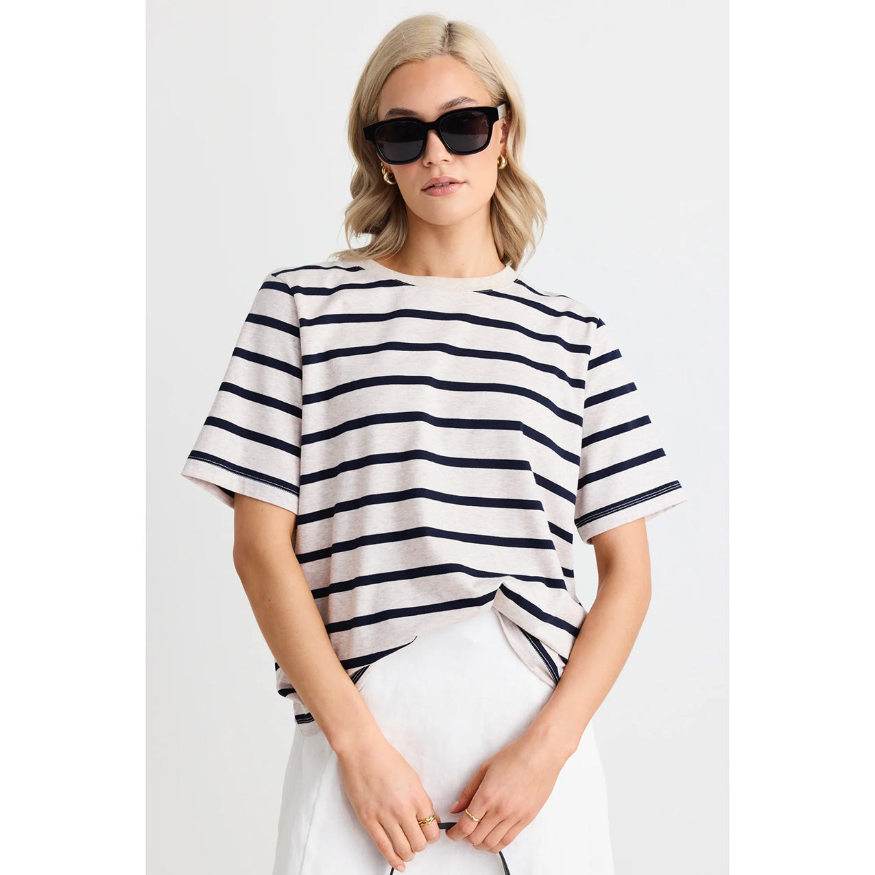 Binding Ecru Navy Stripe Box Tee