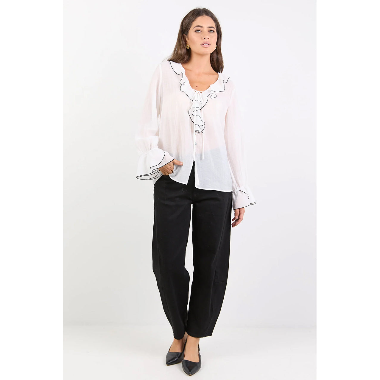 Bohemian Ivory Black Trim Sheer Blouse