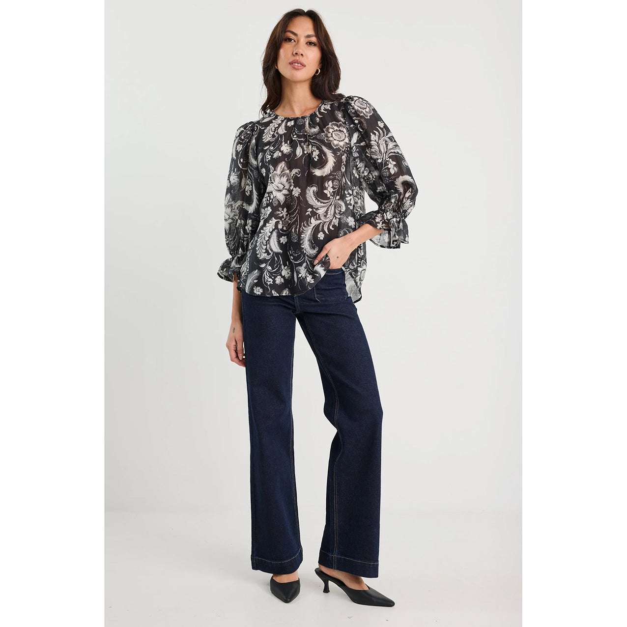 Briefly Black Scrolling Foliage Top