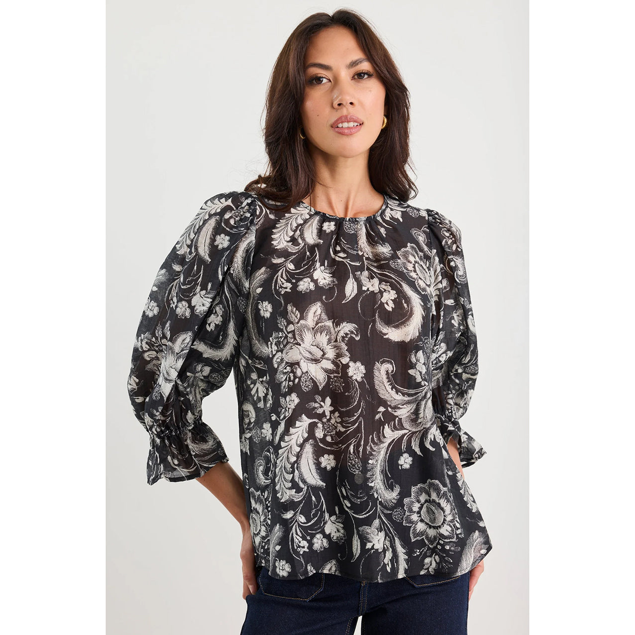 Briefly Black Scrolling Foliage Top