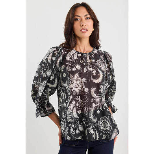 Briefly Black Scrolling Foliage Top