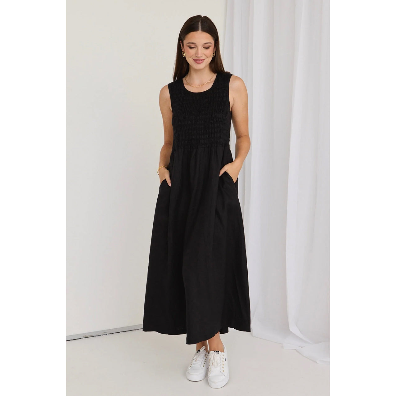 Bryar Black Linen Sleeveless Empire Midi Dress