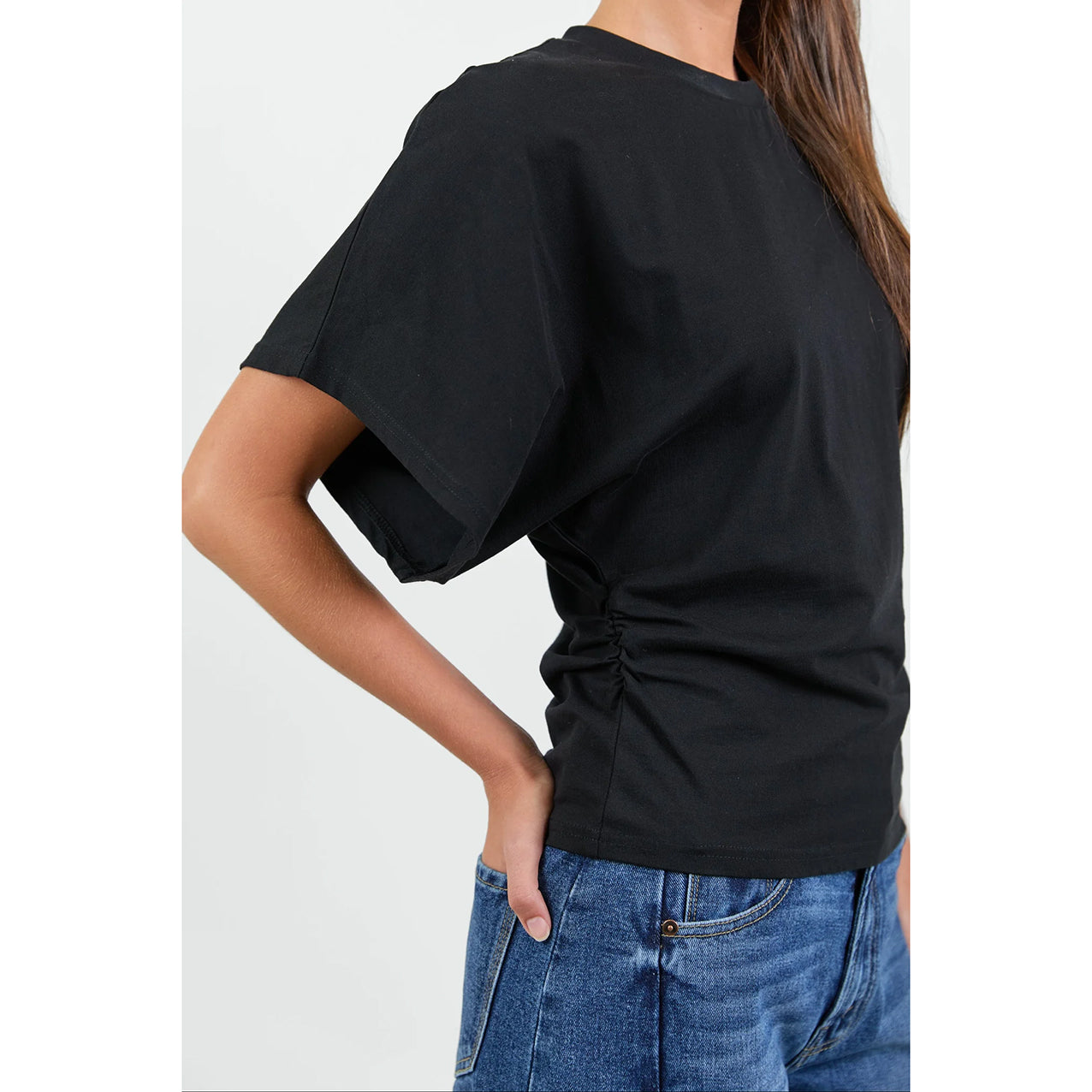 Cadence Black Cotton Gathered Waist Tee