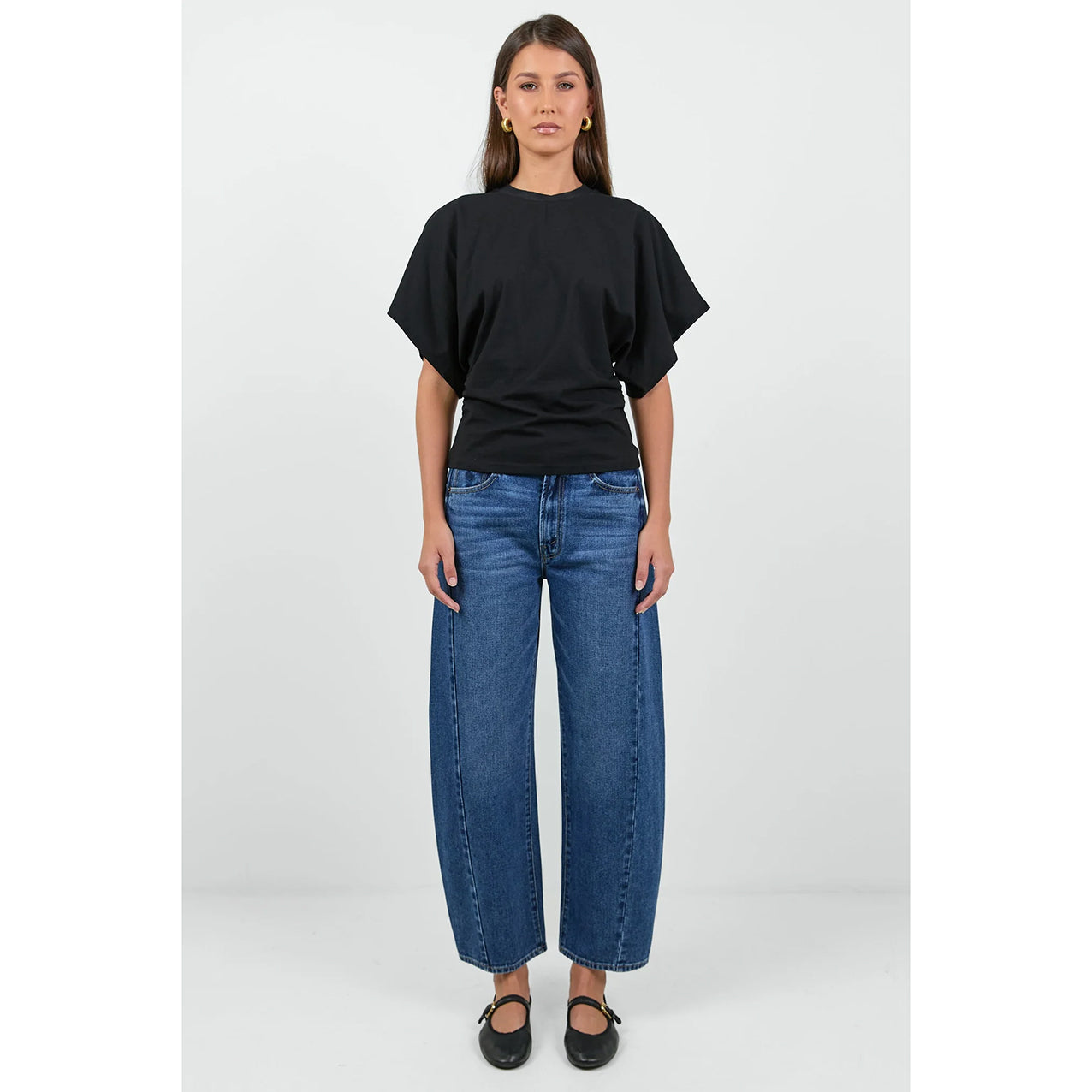 Cadence Black Cotton Gathered Waist Tee