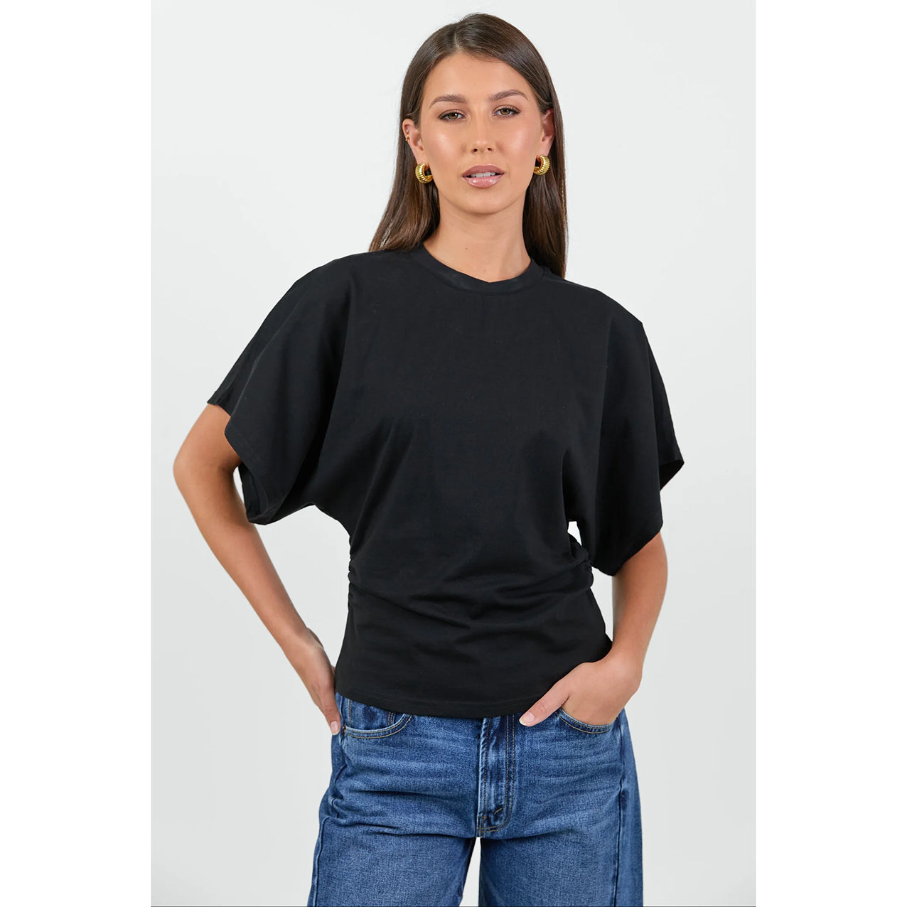 Cadence Black Cotton Gathered Waist Tee